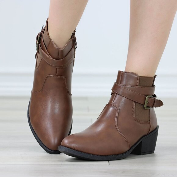 Brown Ankle Boots Buckle Strap Faux Leather Low Block Heel Side Zip - Picture 9 of 14